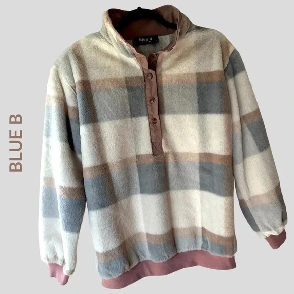 BLUE B | NWOT | PULLOVER LONG SLEEVE FLEECE PLAID PASTEL |  SIZE: SMALL - Picture 2 of 11